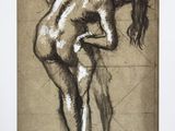 une image représentant le dessin d'une femme nue appuyée sur ses genoux