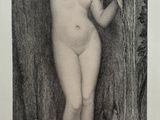 dessin représentant une femme nue, coiffée d'un chapeau, debout devant un arbre