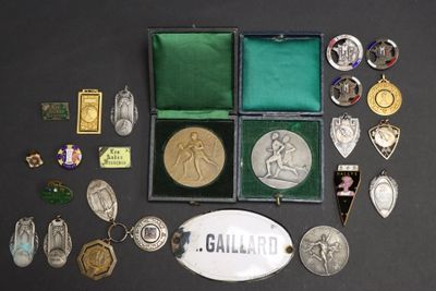beaucoup de médailles d'argent et d'or sur une table