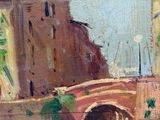 an oil painting of a bridge over a river with a building in the background