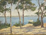 a painting of a boat in the water near some trees