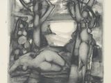an image of a black and white drawing of a naked woman in the woods
