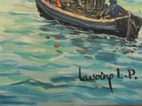 a painting of a boat in the water with people on it
