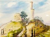 a watercolor painting of a tower on a hill