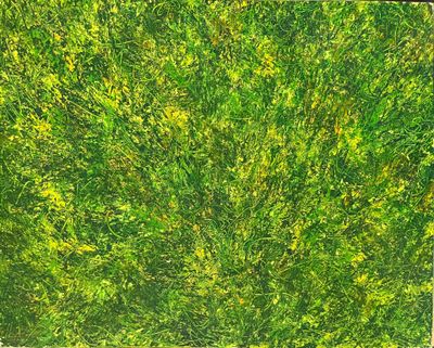 painting of green grass with yellow flowers in a square frame