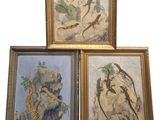 quatre tableaux encadrés représentant des oiseaux et des fleurs sur fond blanc