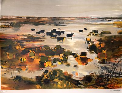 un tableau représentant un troupeau de bovins dans un champ