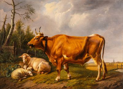 un tableau représentant une vache et deux moutons dans un champ