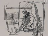 drawing of a man sitting in front of a table with a bird on top of it