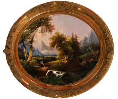 an image of a painting of a mountain scene with a river and a man in a boat