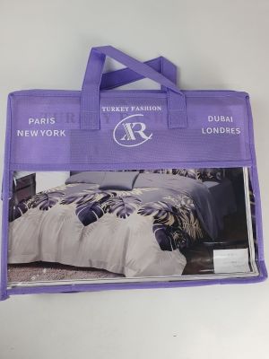 purple tote bag with a picture of a bed in it