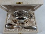 a silver plate with spoons and spoon rest in a box