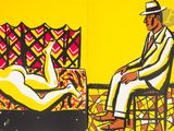 a painting of a man sitting on a chair next to a woman