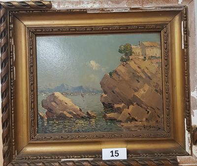 une image représentant une peinture d'une côte rocheuse avec un bateau dans l'eau