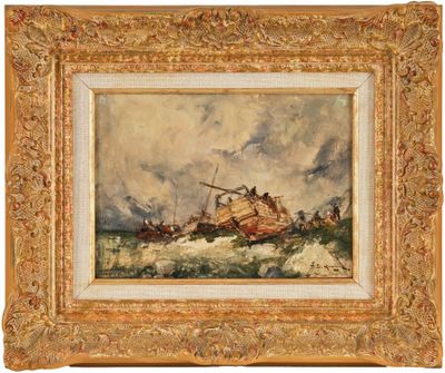 une peinture représentant un bateau sur une mer agitée, avec le ciel en arrière-plan