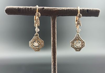 a pair of silver and gold earrings on a branch