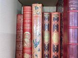 many books that are in a box on the shelf