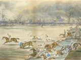 a painting of a horse race in the middle of a river