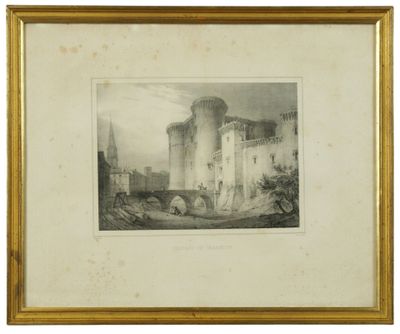 une vieille photo d'un château avec un pont au premier plan