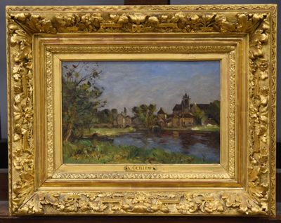 an oil painting of a river scene with a house in the background