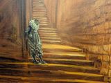 a painting of a woman walking down a set of stairs