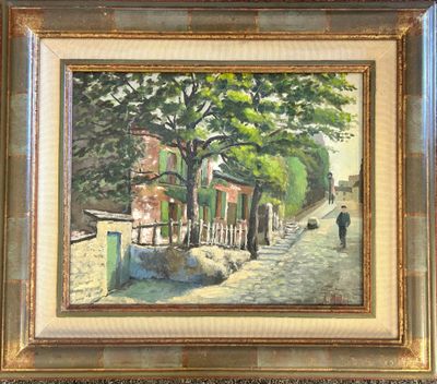 tableau représentant une scène de rue avec un homme marchant dans la rue