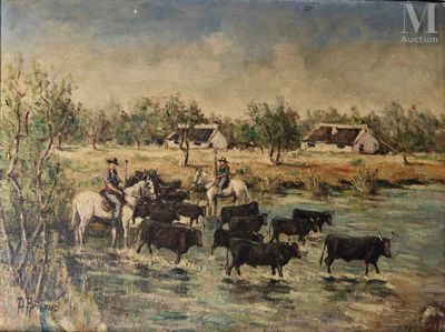 un tableau représentant un troupeau de bovins traversant une rivière