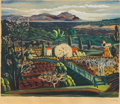 l'image d'un tableau représentant un paysage avec des montagnes en arrière-plan