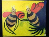 tableau représentant deux abeilles qui se battent sur un fond jaune