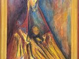 une peinture à l'huile représentant une femme avec un enfant sur les genoux