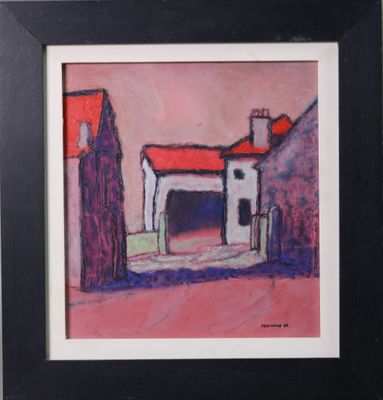 tableau représentant une maison au toit rouge, dans un cadre noir