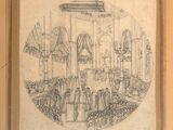 an old drawing of a dining room with a table and chairs