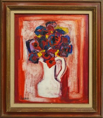 une peinture représentant un vase contenant des fleurs sur un fond rouge