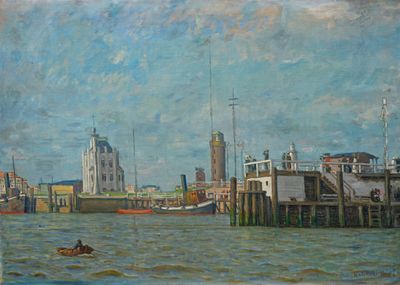 un tableau représentant un bateau sur l'eau près d'une ville