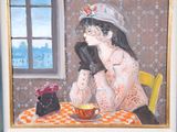 a painting of a woman sitting at a table with a cake