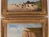 deux tableaux représentant une scène de plage avec des personnes sur le sable et un bateau dans l'eau