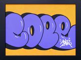 purple and yellow graffiti art with the word boo on it
