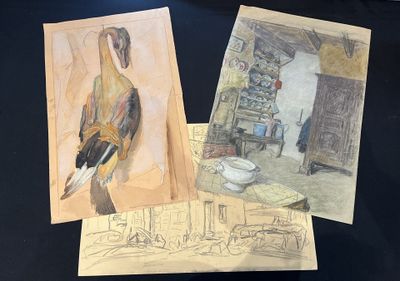 two drawings of a bird sitting on top of a table