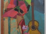 an oil painting of a guitar and a cat on a bed