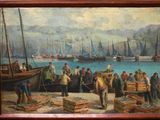 un tableau représentant un groupe de personnes sur un quai