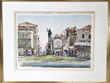 aquarelle encadrée représentant une scène de rue avec une statue en arrière-plan
