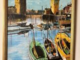 a painting of boats in a harbor with a castle in the background
