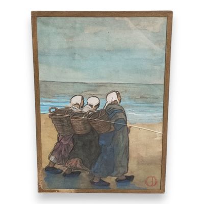 a painting of three people carrying baskets on a beach