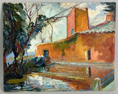 painting of a painting of a building and a tree in the background