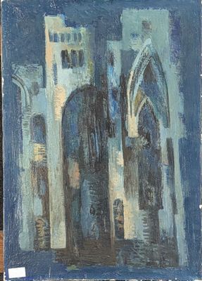 an oil painting of a building with a clock on top of it
