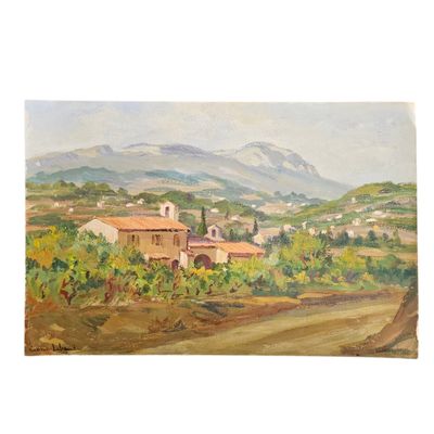 un tableau représentant un village avec des montagnes en arrière-plan