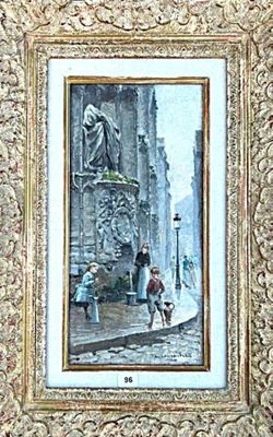 tableau représentant une scène de rue avec une femme et un enfant marchant dans la rue