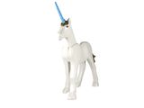 un cheval blanc avec une corne bleue sur la tête