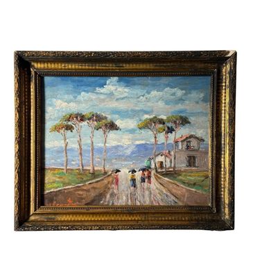 une peinture à l'huile représentant un groupe de personnes marchant sur une route, un parapluie à la main