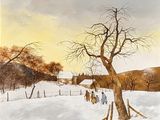 painting of a group of people walking in the snow near a tree